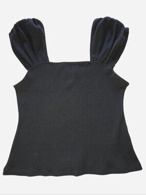 Anthropologie square neck ribbed top with puff sleeves black Size M